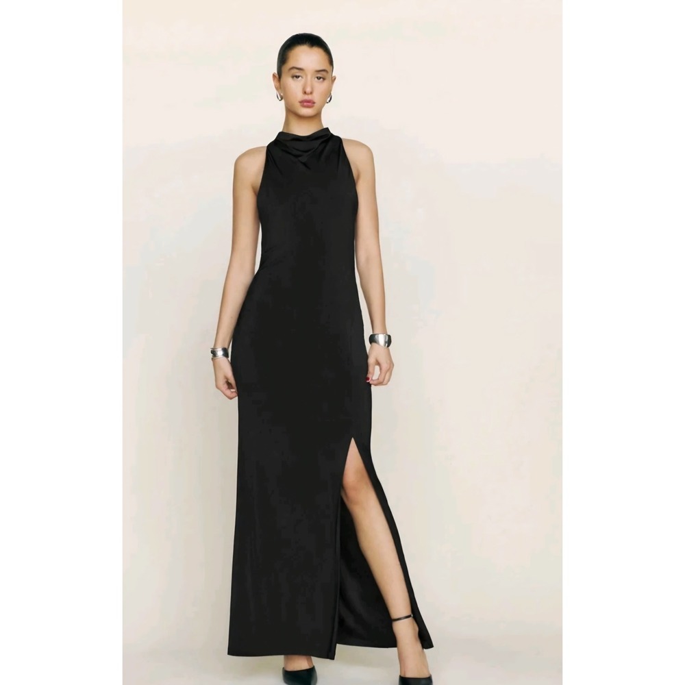 Reformation Black Cowl Neck Maxi Dress Sleeveless Side Slit Keyhole Back Jersey